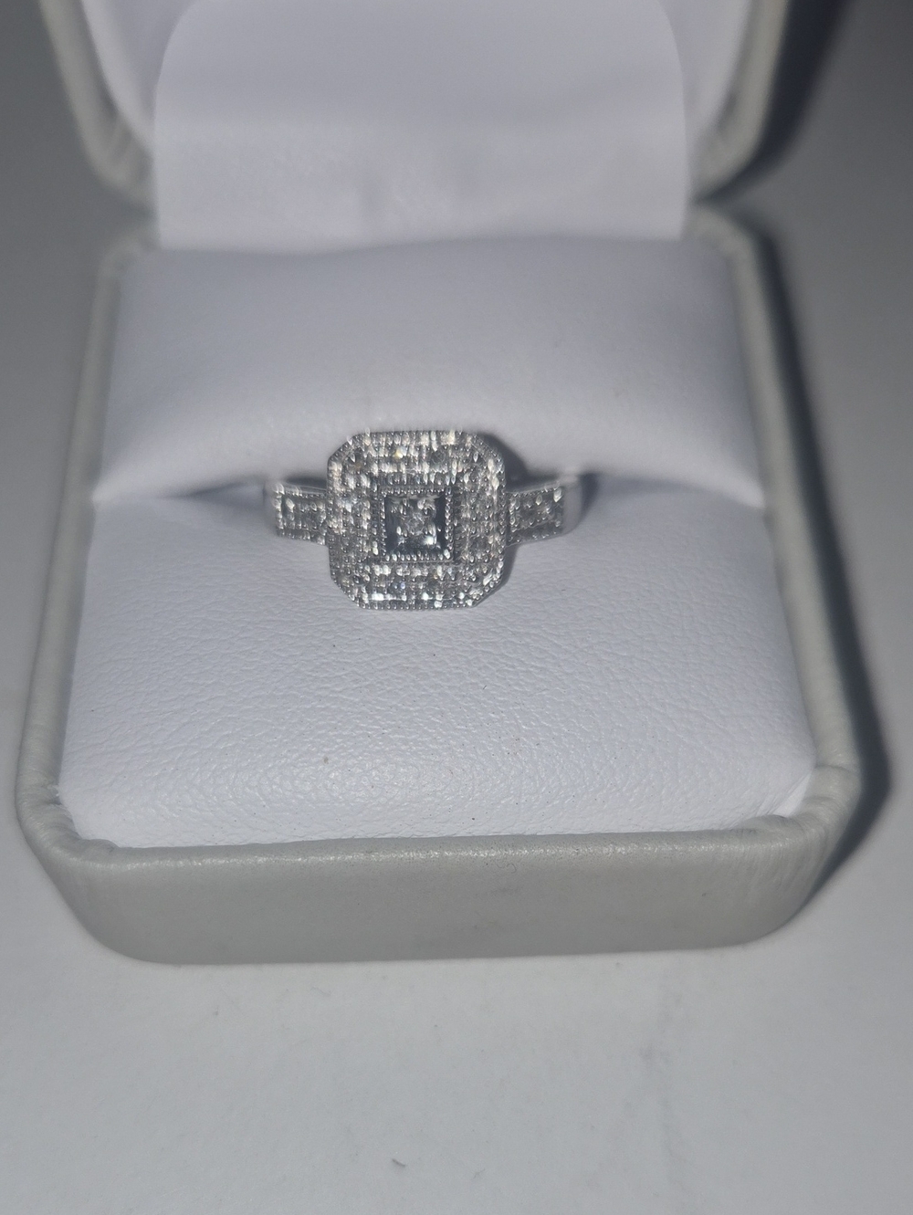 White Sterling Silver Square Halo Ring with Center Stone